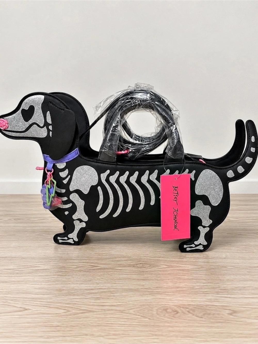 Betsey Johnson XOBARK Skeleton Dachshund Crossbody Bag Black & Silver